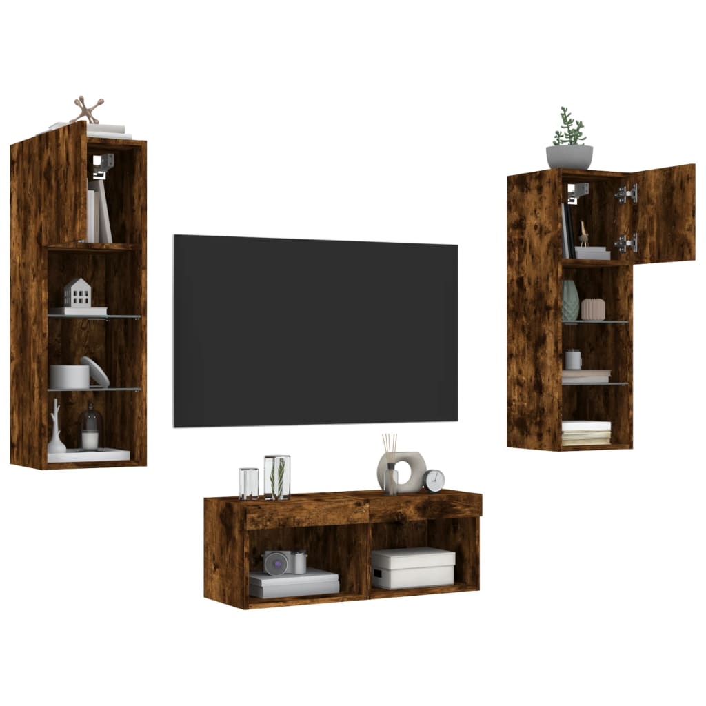 4-Delige Tv-Wandmeubelset Met Led-Verlichting Gerookt eiken