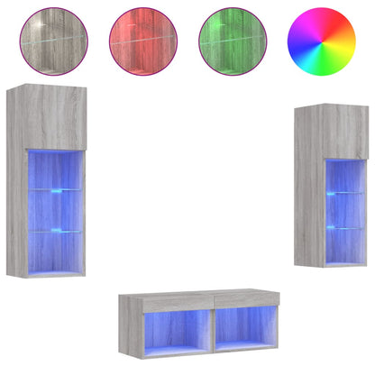 4-delige tv-wandmeubelset met LED-verlichting grijs sonoma