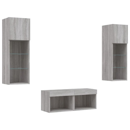 4-delige tv-wandmeubelset met LED-verlichting grijs sonoma