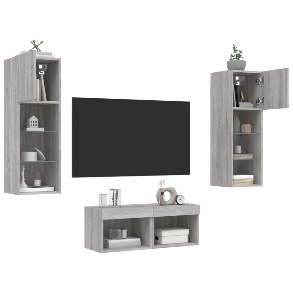 4-delige tv-wandmeubelset met LED-verlichting grijs sonoma