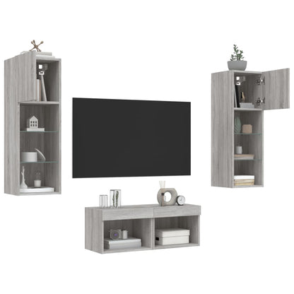 4-delige tv-wandmeubelset met LED-verlichting grijs sonoma