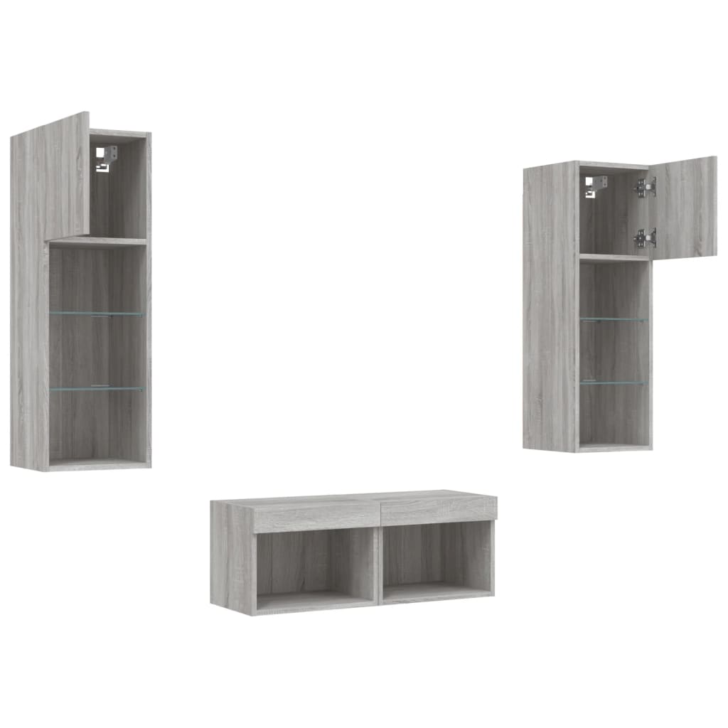 4-delige tv-wandmeubelset met LED-verlichting grijs sonoma