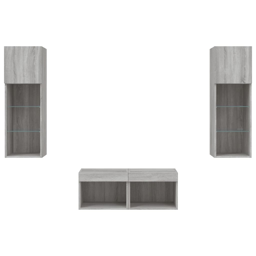 4-delige tv-wandmeubelset met LED-verlichting grijs sonoma