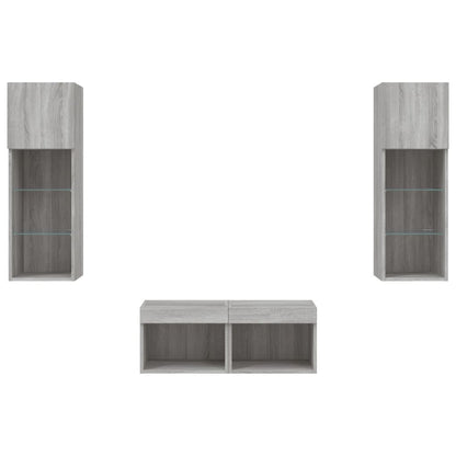 4-delige tv-wandmeubelset met LED-verlichting grijs sonoma