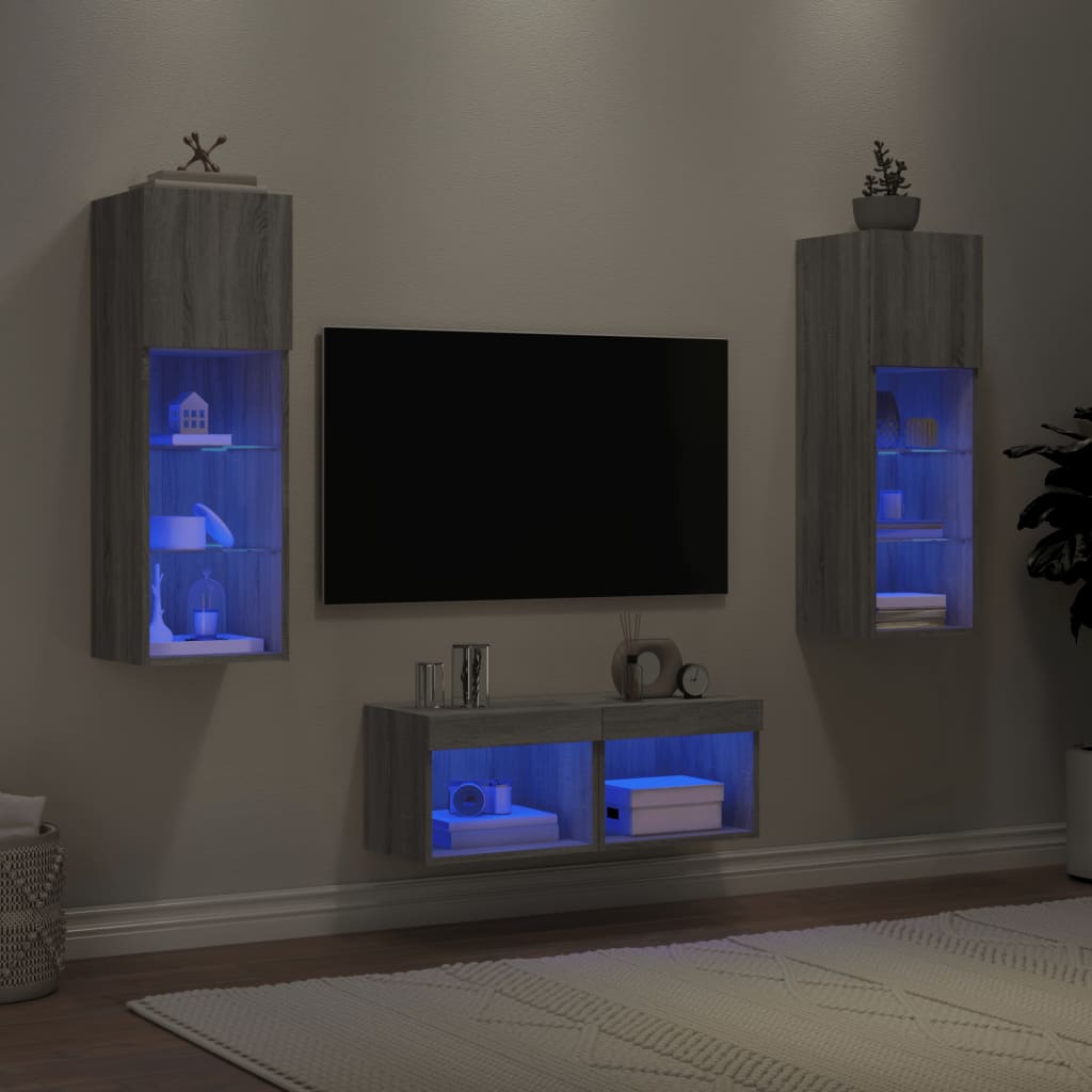 4-delige tv-wandmeubelset met LED-verlichting grijs sonoma