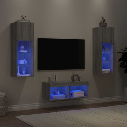 4-delige tv-wandmeubelset met LED-verlichting grijs sonoma