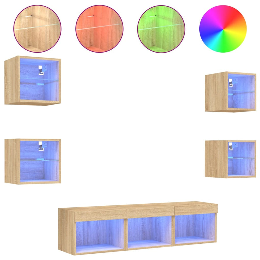 -Delige Tv-Wandmeubelset Met Led Bewerkt Hout Sonoma eiken