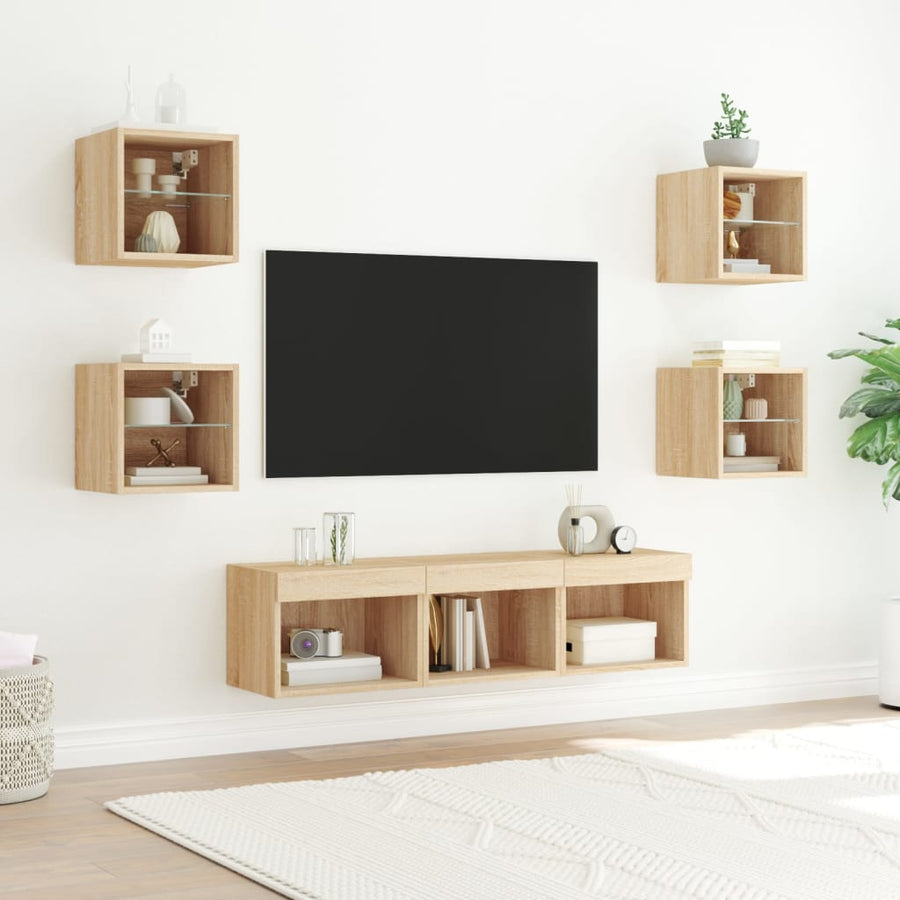 -Delige Tv-Wandmeubelset Met Led Bewerkt Hout Sonoma eiken