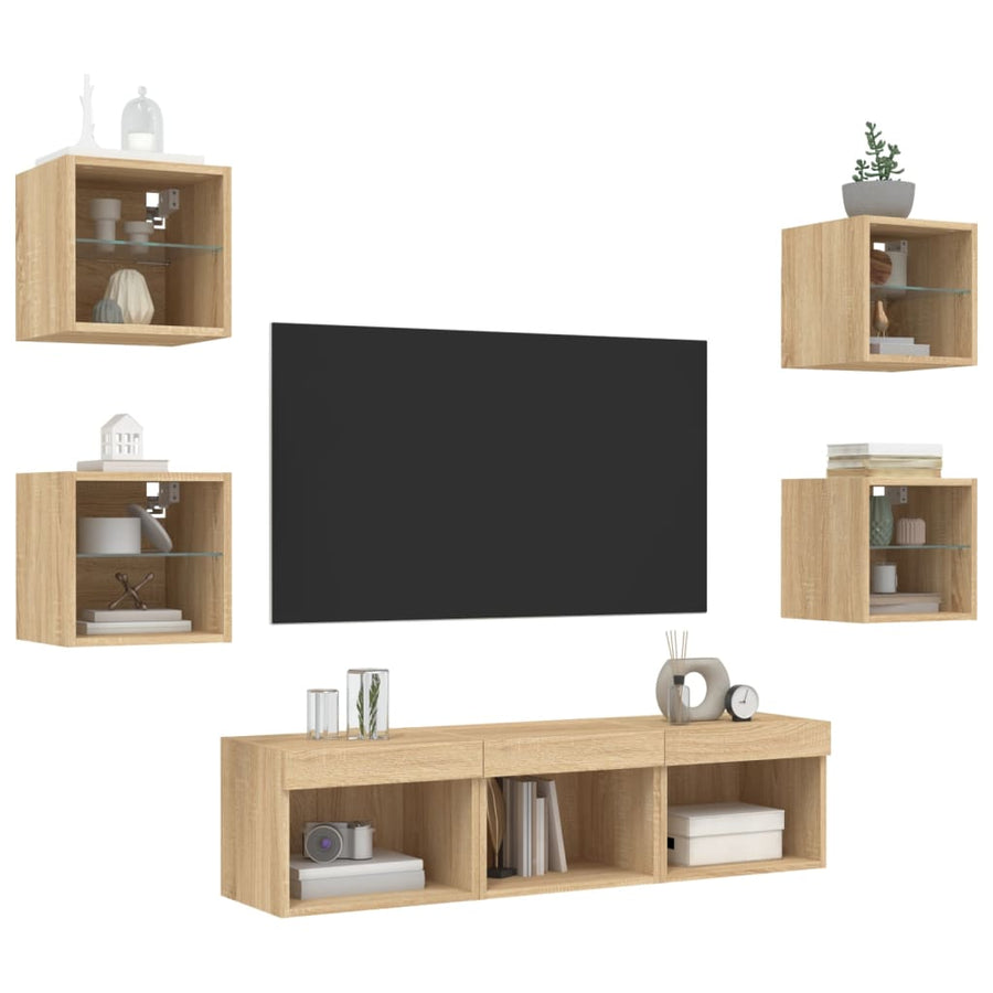 -Delige Tv-Wandmeubelset Met Led Bewerkt Hout Sonoma eiken