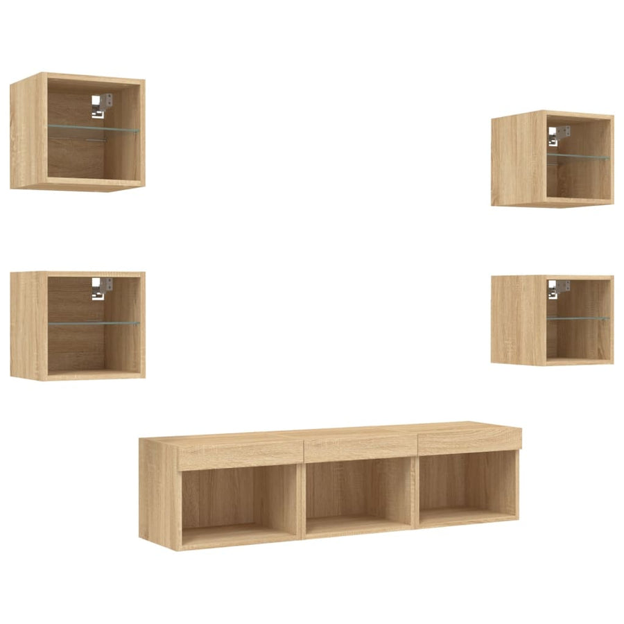 -Delige Tv-Wandmeubelset Met Led Bewerkt Hout Sonoma eiken
