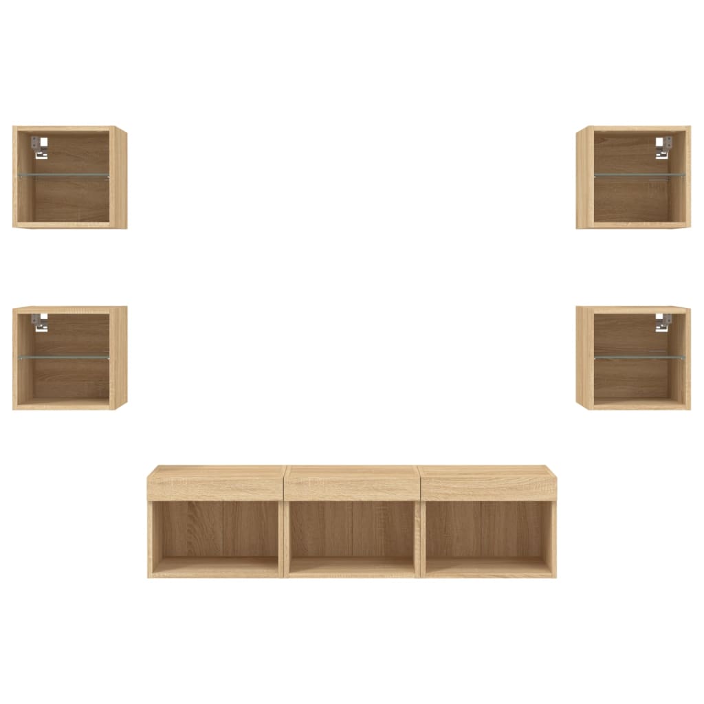 -Delige Tv-Wandmeubelset Met Led Bewerkt Hout Sonoma eiken