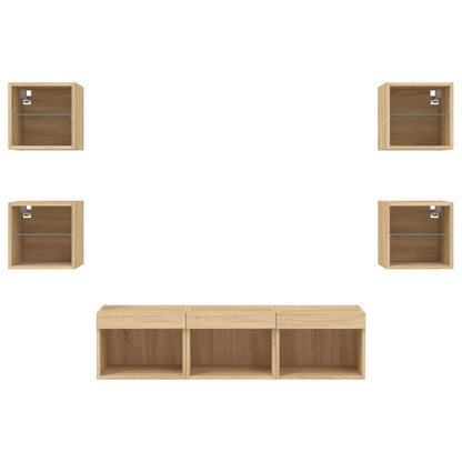 -Delige Tv-Wandmeubelset Met Led Bewerkt Hout Sonoma eiken