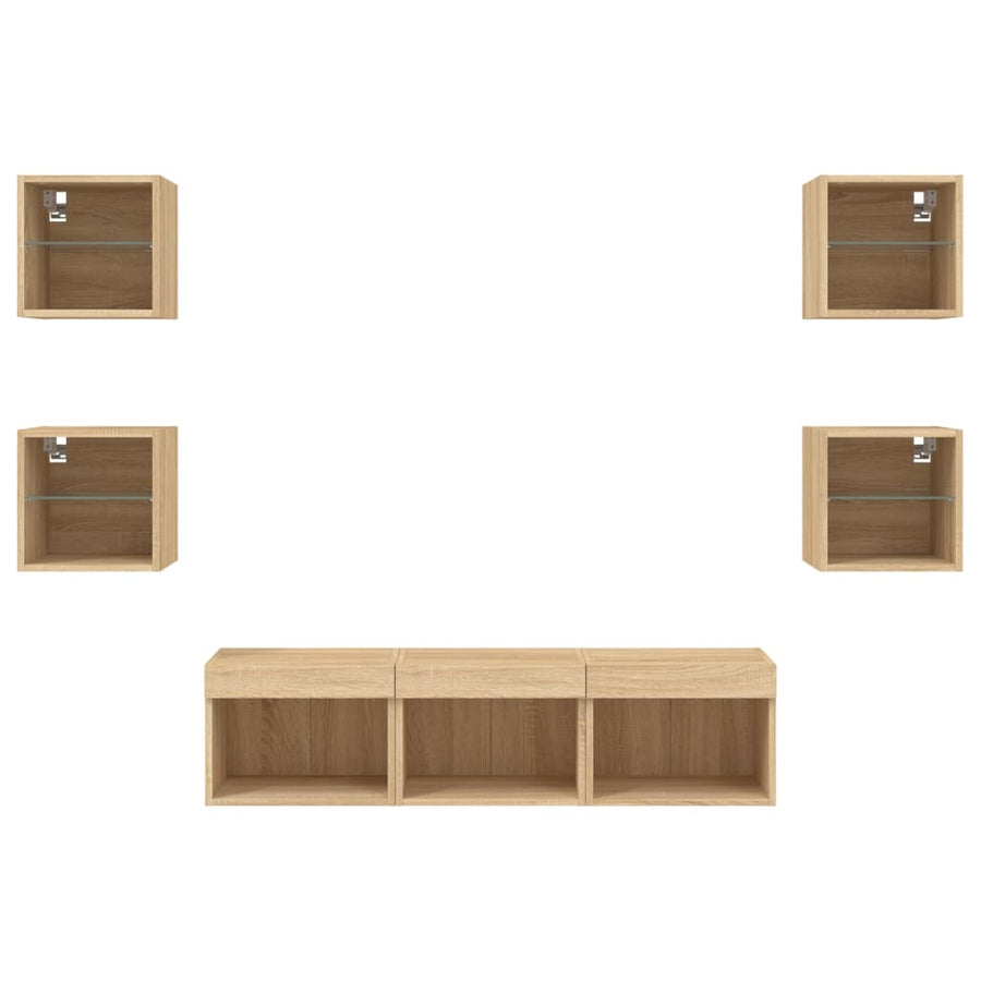 -Delige Tv-Wandmeubelset Met Led Bewerkt Hout Sonoma eiken