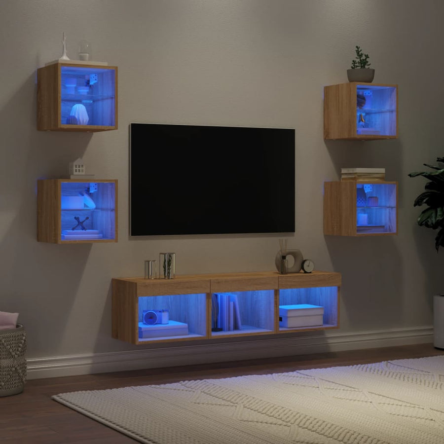 -Delige Tv-Wandmeubelset Met Led Bewerkt Hout Sonoma eiken