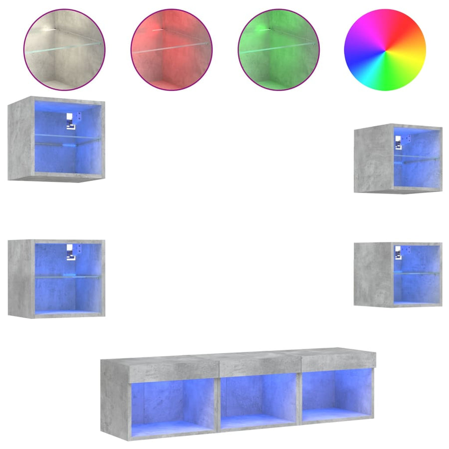 -Delige Tv-Wandmeubelset Met Led Bewerkt Hout Betongrijs