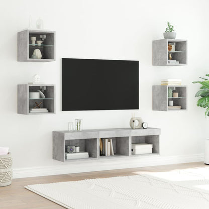 -Delige Tv-Wandmeubelset Met Led Bewerkt Hout Betongrijs