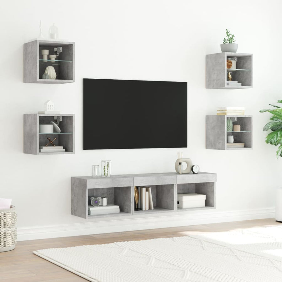 -Delige Tv-Wandmeubelset Met Led Bewerkt Hout Betongrijs