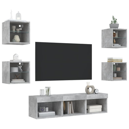 -Delige Tv-Wandmeubelset Met Led Bewerkt Hout Betongrijs