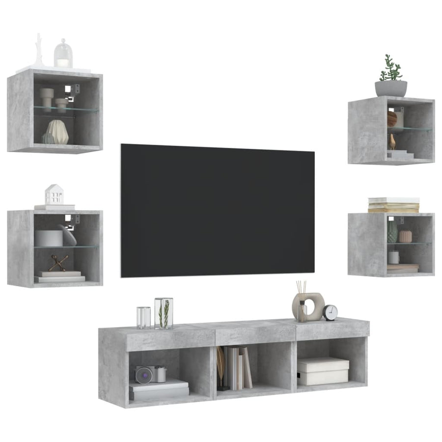 -Delige Tv-Wandmeubelset Met Led Bewerkt Hout Betongrijs