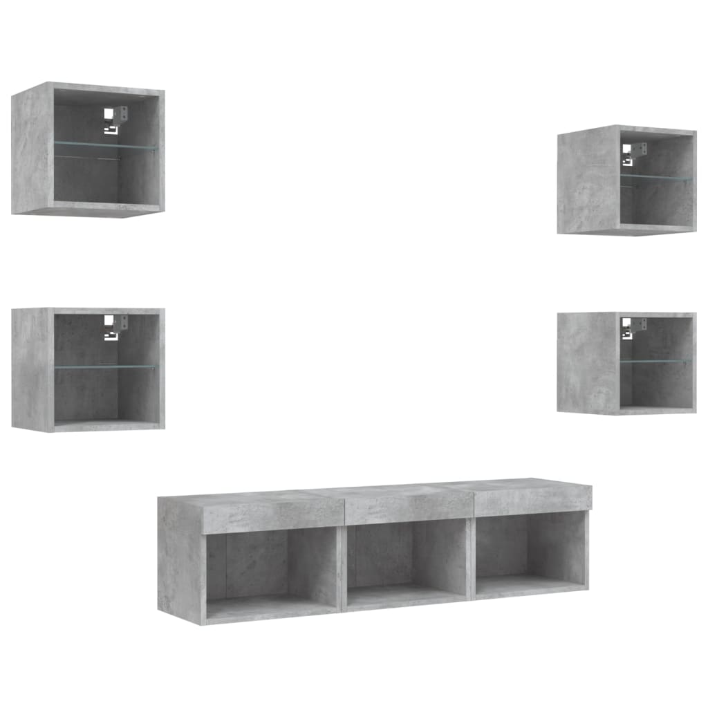 -Delige Tv-Wandmeubelset Met Led Bewerkt Hout Betongrijs