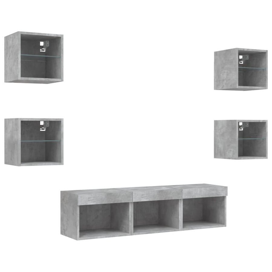 -Delige Tv-Wandmeubelset Met Led Bewerkt Hout Betongrijs