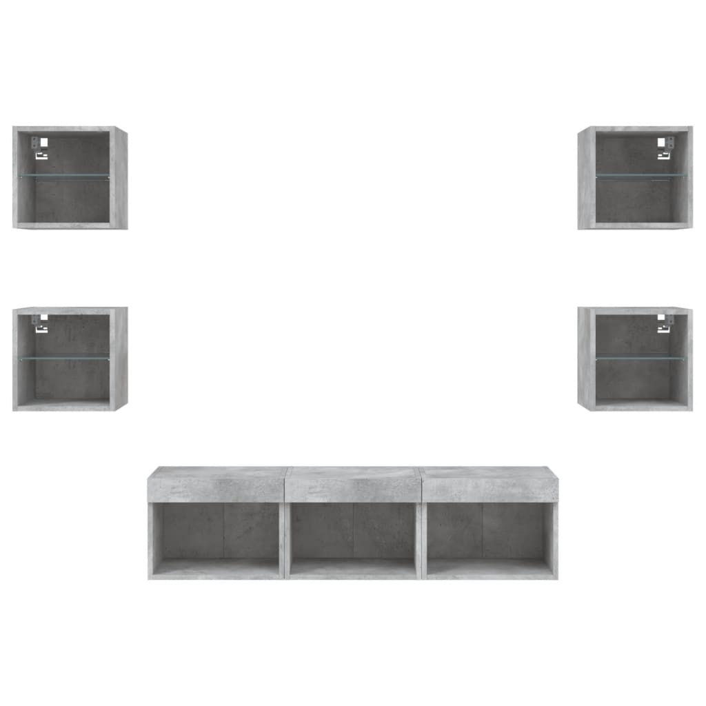 -Delige Tv-Wandmeubelset Met Led Bewerkt Hout Betongrijs