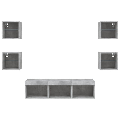 -Delige Tv-Wandmeubelset Met Led Bewerkt Hout Betongrijs