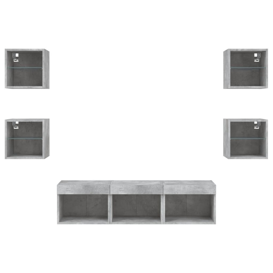 -Delige Tv-Wandmeubelset Met Led Bewerkt Hout Betongrijs