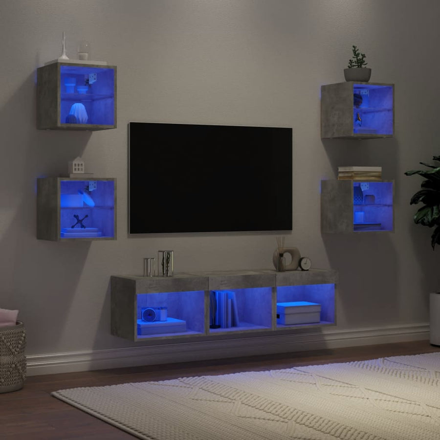 -Delige Tv-Wandmeubelset Met Led Bewerkt Hout Betongrijs