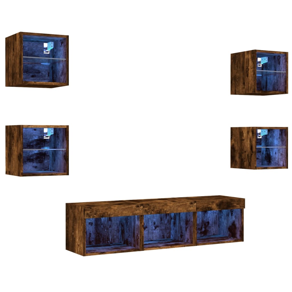 -Delige Tv-Wandmeubelset Met Led Bewerkt Hout Gerookt eiken