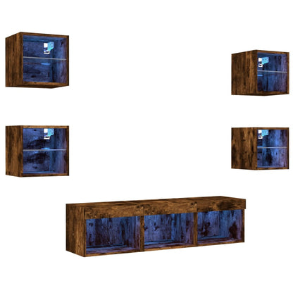 -Delige Tv-Wandmeubelset Met Led Bewerkt Hout Gerookt eiken