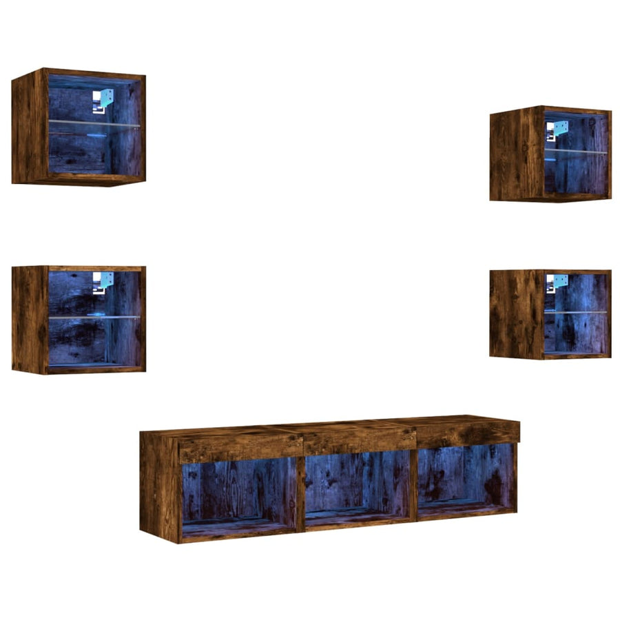-Delige Tv-Wandmeubelset Met Led Bewerkt Hout Gerookt eiken