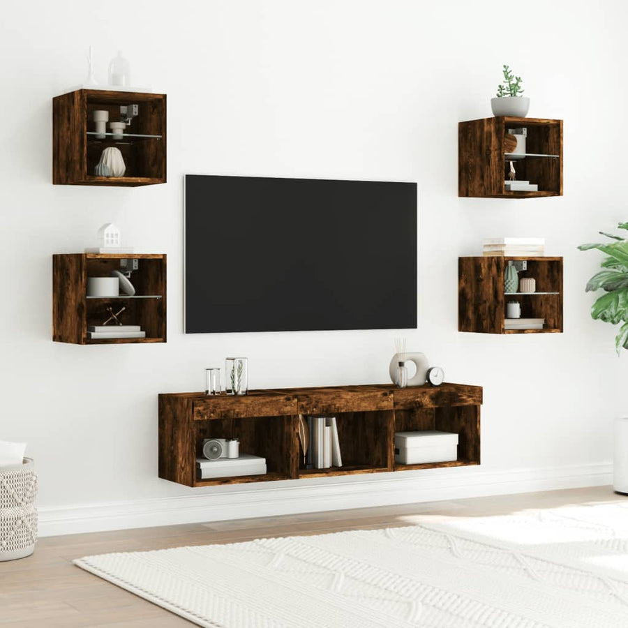 -Delige Tv-Wandmeubelset Met Led Bewerkt Hout Gerookt eiken