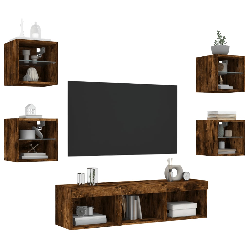 -Delige Tv-Wandmeubelset Met Led Bewerkt Hout Gerookt eiken