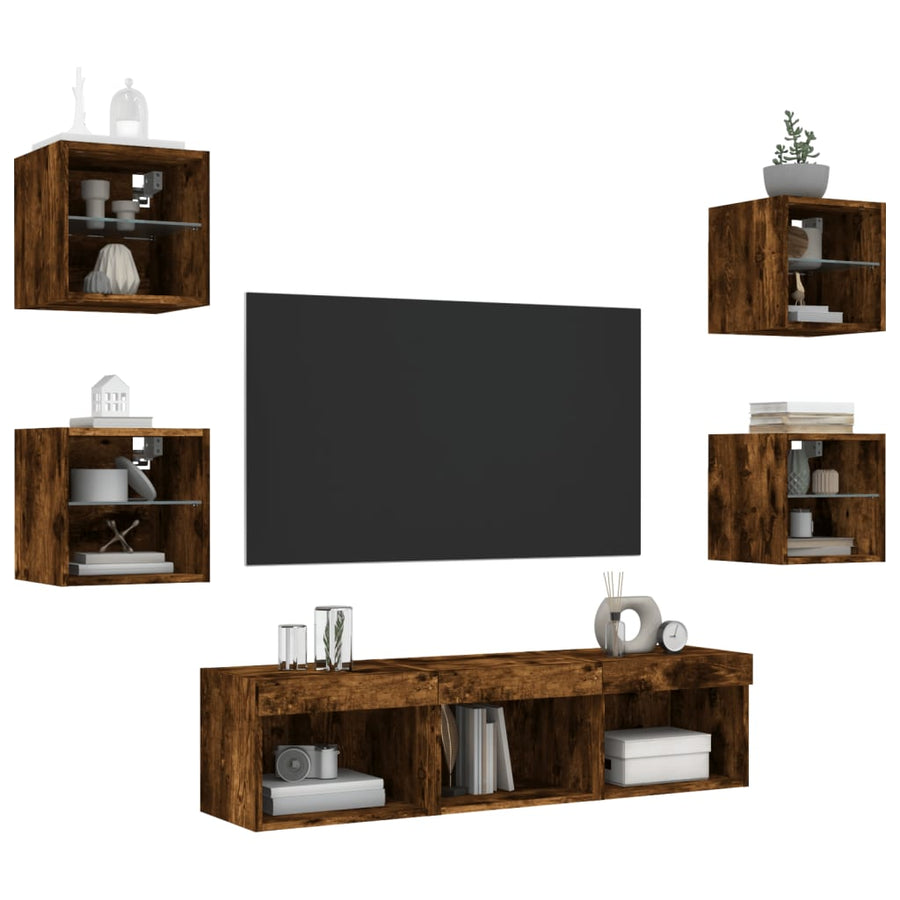 -Delige Tv-Wandmeubelset Met Led Bewerkt Hout Gerookt eiken
