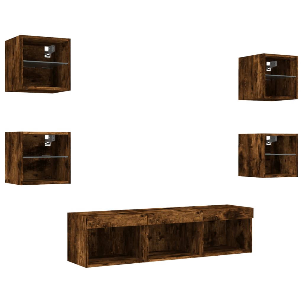 -Delige Tv-Wandmeubelset Met Led Bewerkt Hout Gerookt eiken