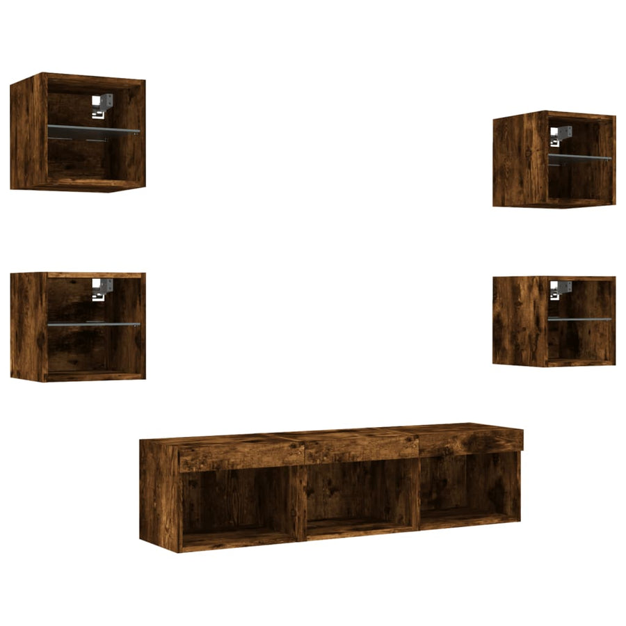 -Delige Tv-Wandmeubelset Met Led Bewerkt Hout Gerookt eiken