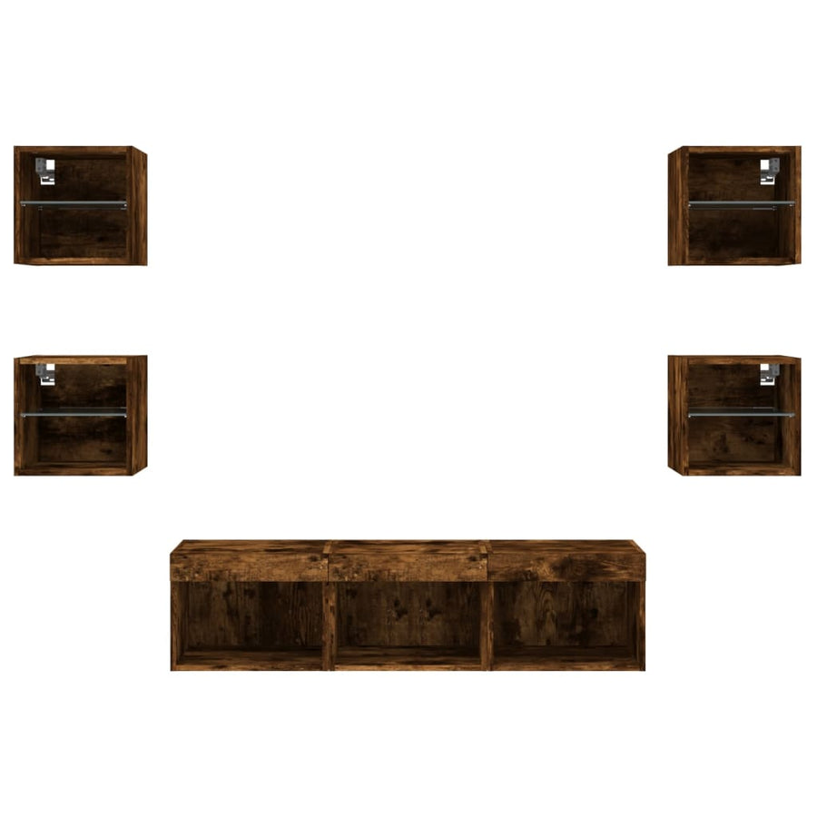 -Delige Tv-Wandmeubelset Met Led Bewerkt Hout Gerookt eiken