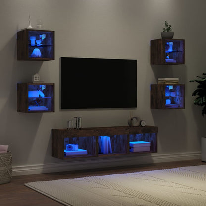 -Delige Tv-Wandmeubelset Met Led Bewerkt Hout Gerookt eiken