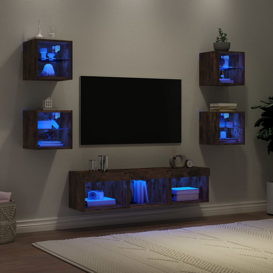 -Delige Tv-Wandmeubelset Met Led Bewerkt Hout Gerookt eiken