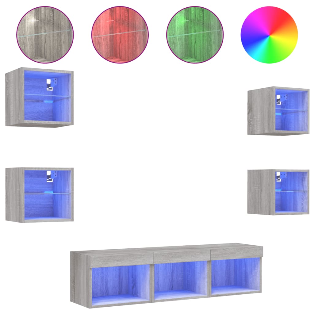 -Delige Tv-Wandmeubelset Met Led Bewerkt Hout Grijs sonoma