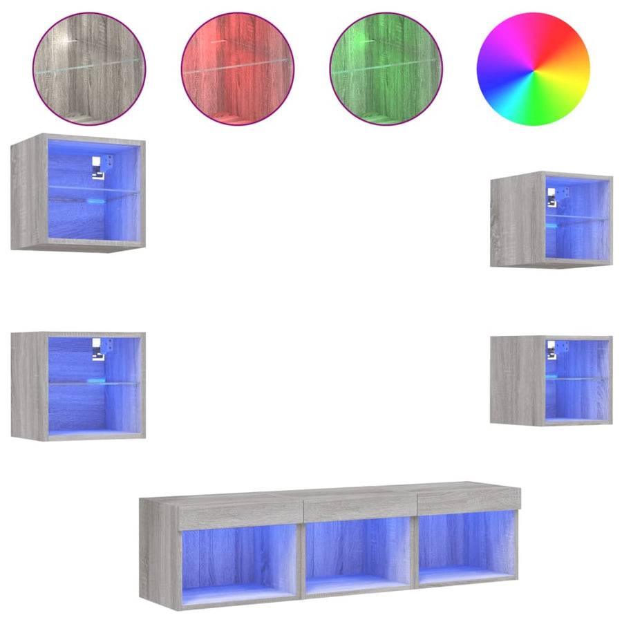 -Delige Tv-Wandmeubelset Met Led Bewerkt Hout Grijs sonoma