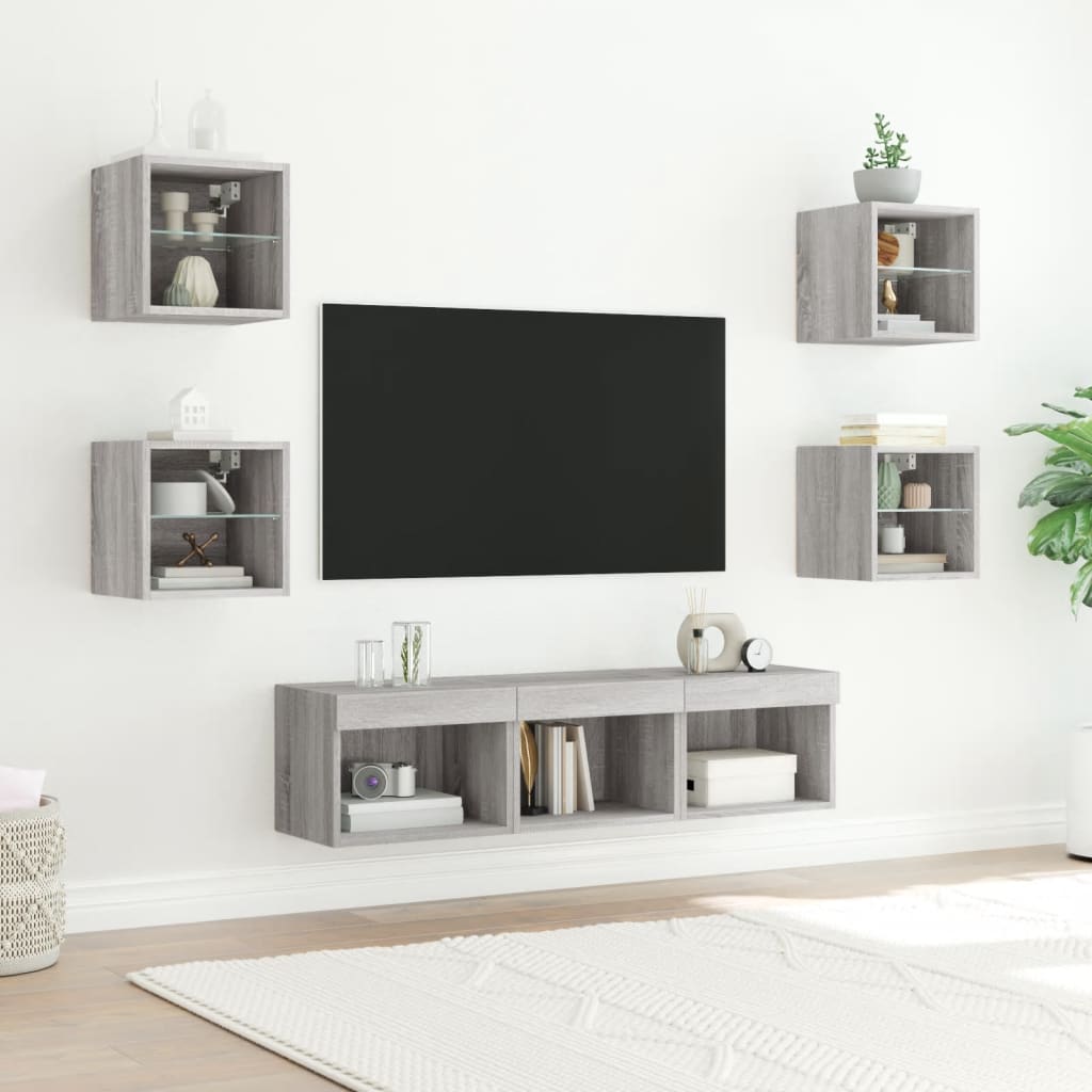 -Delige Tv-Wandmeubelset Met Led Bewerkt Hout Grijs sonoma