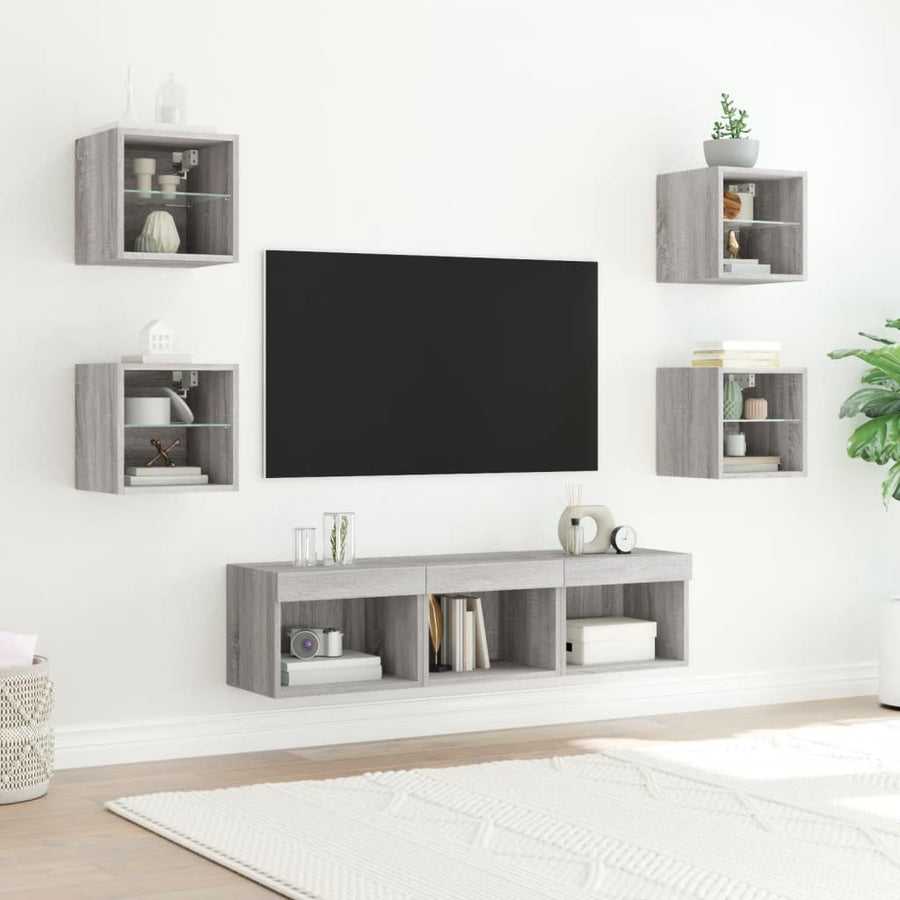 -Delige Tv-Wandmeubelset Met Led Bewerkt Hout Grijs sonoma