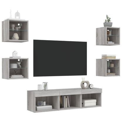 -Delige Tv-Wandmeubelset Met Led Bewerkt Hout Grijs sonoma