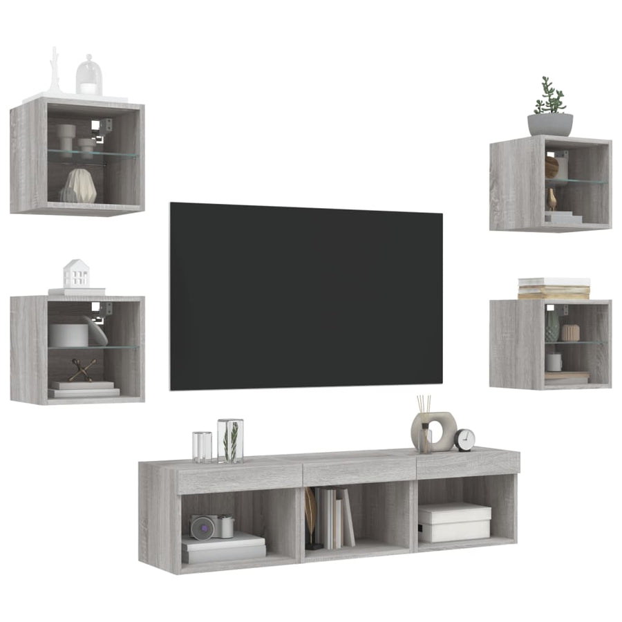 -Delige Tv-Wandmeubelset Met Led Bewerkt Hout Grijs sonoma