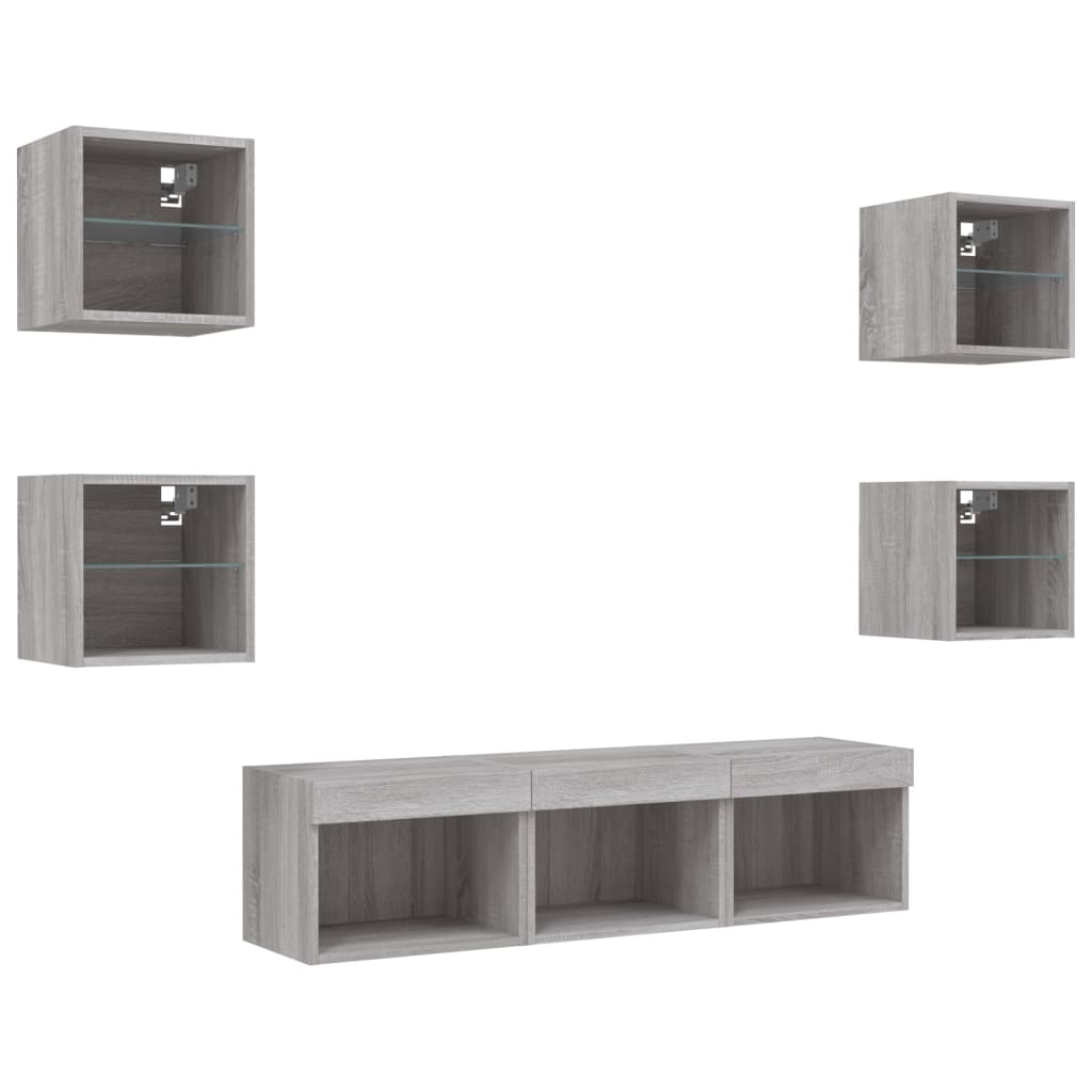 -Delige Tv-Wandmeubelset Met Led Bewerkt Hout Grijs sonoma