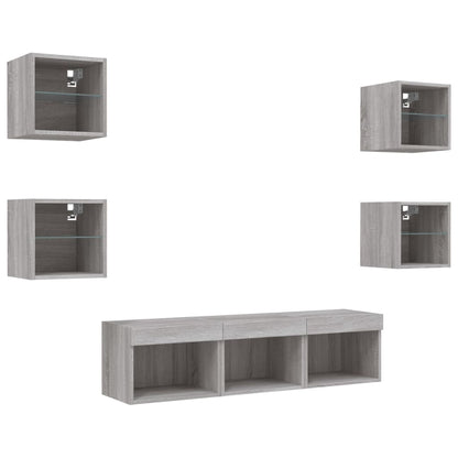 -Delige Tv-Wandmeubelset Met Led Bewerkt Hout Grijs sonoma