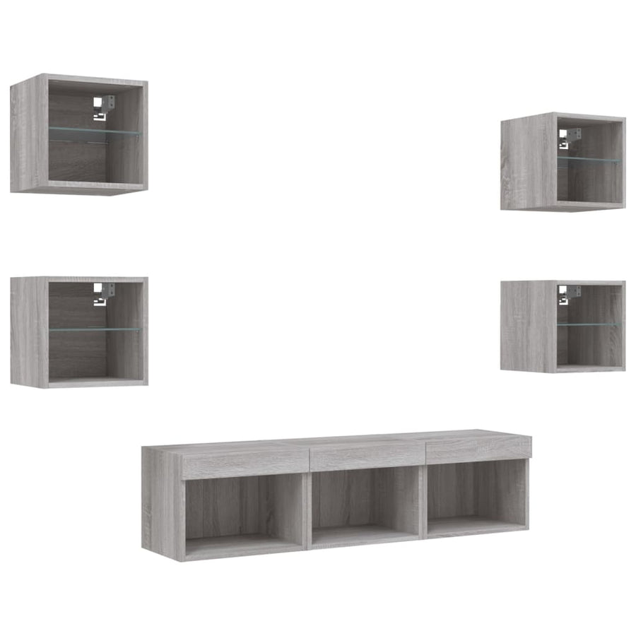 -Delige Tv-Wandmeubelset Met Led Bewerkt Hout Grijs sonoma