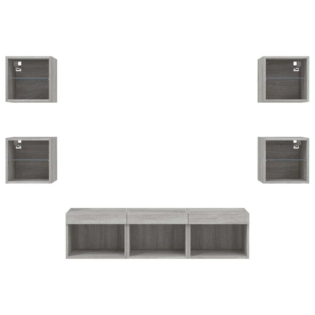 -Delige Tv-Wandmeubelset Met Led Bewerkt Hout Grijs sonoma